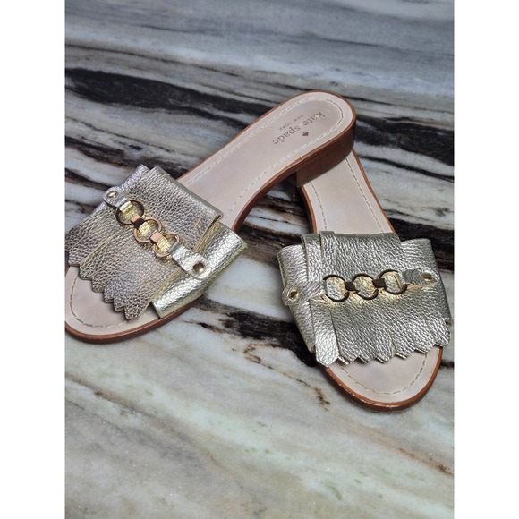 kate spade Shoes - Kate Spade New York Gold Metallic Leather Kiltie Fringe Chain Slide Sandals 9.5M